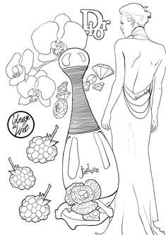 a black and white drawing of a woman standing next to a dress with flowers on it