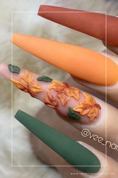 Maple Leaf Nails Olive Nails, Orange Acrylic Nails, Fall Acrylic, November Nails, Fall Gel Nails, Sweater Nails, Fall Acrylic Nails, Instagram Tutorial, Thanksgiving Nails