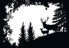 two deer standing in the middle of a forest silhouetted against a white sky with trees