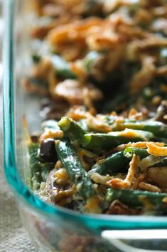 a casserole dish with green beans and other vegetables