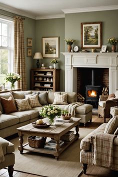 a living room filled with furniture and a fire place in the middle of it's wall