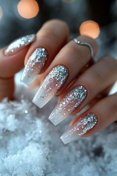 Long Acrylic Nails Coffin Glitter Sparkle, Nails White Silver Glitter, Waterfall Nail Designs Glitter, Platinum Nails Acrylic, Silver Glitter And White Nails, Milky White And Silver Glitter Nails, Fancy Silver Nails, White Glitter Acrylics, Silver Sparkle Nail Designs