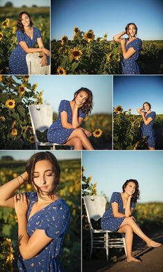 a woman sitting on a chair in front of sunflowers posing for the camera