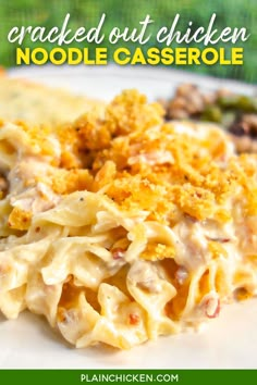 a white plate topped with chicken noodle casserole