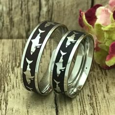 Shark Ring His and Hers Stainless Steel Rings Personalize | Etsy Shark Wedding, Couples Ring Set, Black Wedding Rings, Engraved Items, Gorgeous Jewelry, Dream Jewelry