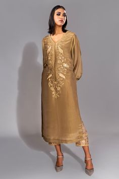 Golden brown kaftan with sequin, zari floral pattern hand embroidery. Comes with matching trouser. - Aza Fashions Elegant Kurta With Gold Embroidery And Traditional Drape, Elegant Sets With Gold Embroidery For Diwali, Elegant Straight Kurta Set With Gold Embroidery, Elegant Embroidered Kaftan For Reception, Elegant Festive Kurta With Gold Embroidery, Elegant Sets With Gold Embroidery And Straight Kurta, Elegant Gold Embroidered Palazzo Set With Traditional Drape, Elegant Kurta With Gold Embroidery For Transitional Season, Elegant Designer Kurta For Navratri