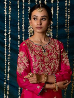 "Jashn-E-Ulfat" - a collection of ensembles that evoke a sense of majestic opulence and modern royalty. Suffused with deep rich hues set on plush cotton silk enhanced with remarkable craftsmanship like Marodi, Mirror and Zardozi embroidery, each ensemble has a romantic and feminine charm of its own collection. This set of 3 consists of a Kurta, Salwar and Dupatta. Kurta: This hot pink chanderi silk kurta is enhanced with handcrafted zardozi, sitara and zardozi jaal work on the neck, buttas on th Zardozi Embroidery Designs, Wedding Blouses, Silk Kurta Set, Modern Royalty, Embroidered Canvas Art, Wedding Trousseau, Zardozi Embroidery, Wedding Blouse, Hijab Styles