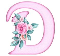 the letter g is decorated with pink flowers and green leaves on it's side