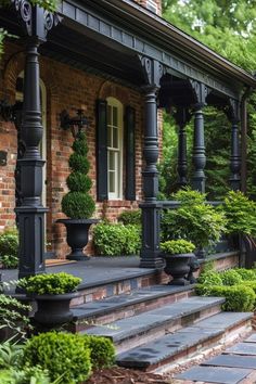 the front porch is lined with potted plants