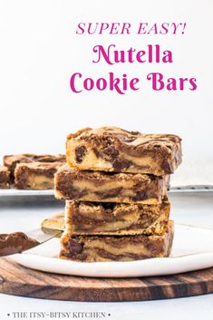 three pieces of nutella cookie bars stacked on top of each other