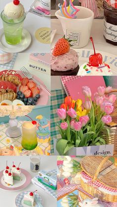 a collage of photos with different foods and desserts on them, including strawberries, cake, ice cream, flowers, and more