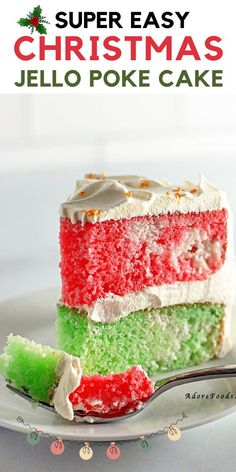 a slice of christmas jello poke cake on a white plate with a green and red frosting