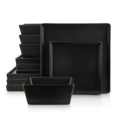 black square and rectangular dishes with trays on the side, all in different sizes