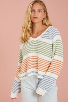 Elise Striped Sweater in White | Altar'd State Altar'd State Outfits, Cute Altard State Outfits, Aerie Striped Sweater, Altrd State Sweaters, White Dress Skirt, White Dress Boots, Altar'd State, Summer Sweaters, Jean Trends