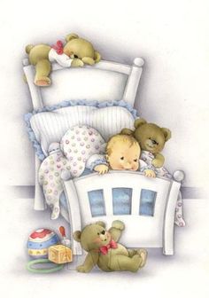 a baby is laying in bed with two teddy bears