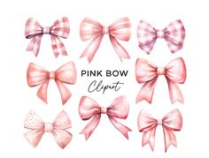 watercolor pink bow clipart set on white background with checkered ribbon and polka dots