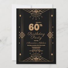 an elegant black and gold 60th birthday party card with the number sixty on it's front