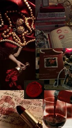 a collage of photos with wine, pearls and other things on display in them