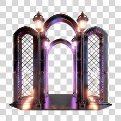 an arch with two lights on it is shown in purple and black colors, as well as