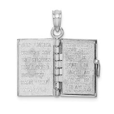 Rhodium over 14k white gold Lord's prayer Bible pendant. Measures approximately 7/8"L x 7/16"W and has a 5mm bail. Engraved White Gold Spiritual Jewelry And Charms, Engraved White Gold Jewelry For Commemoration, White Gold Polished Spiritual Jewelry And Charms, White Gold Jewelry For Commemoration, Silver 14k Stamped Necklace For Commemoration, Silver 14k Stamped Necklaces For Commemoration, Commemorative 14k Stamped Silver Necklace, Engraved White Gold Jewelry For Memorial, Engraved White Gold Memorial Jewelry