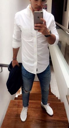 Jeans Mens Outfit, Air Force 1 Outfit Ideas, White Air Force 1 Outfit, White Shirt And Jeans Outfit, Mens Fashion Sneakers, Air Force 1 Outfit, Party Outfit Men, White Air Force 1, Formal Men Outfit