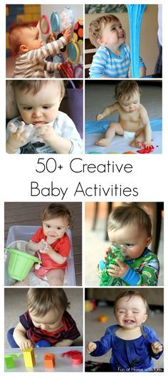 some baby pictures are shown with the words 50 creative baby activities