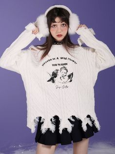 ❤Sweet Cool Milk White Angel Print Damaged Knit❤ White Soft Knit Winter Sweater, White Knitted Winter Tops, White Knitted Tops For Winter, White Knit Tops For Winter, White Knit Winter Top, White Crew Neck Knit Top For Fall, White Knitted Winter Sweater, Oversized White Knitted Tops, White Oversized Knitted Tops