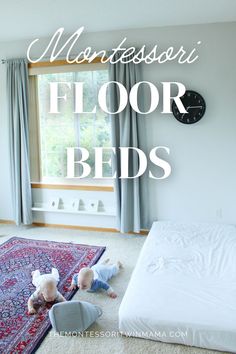 two babies laying on the floor in front of a window with text overlay reading montessori floor beds