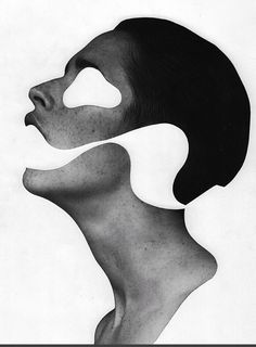 a black and white photo of a woman's face with the shape of a man's head