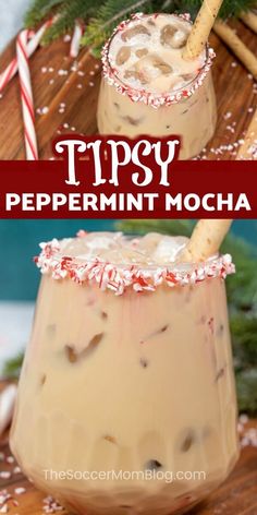 two glasses filled with peppermint mocha and topped with candy canes on top