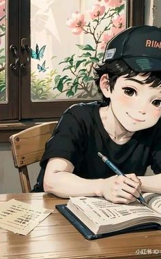 a boy sitting at a table with an open book and pen in his hand while wearing a baseball cap