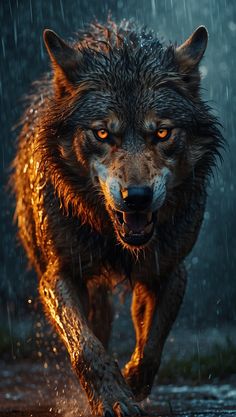 a wolf running in the rain with it's mouth open