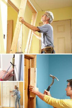 a man is working on the wall with tools