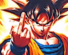 the dragon ball character is pointing to his left side with one hand in front of him