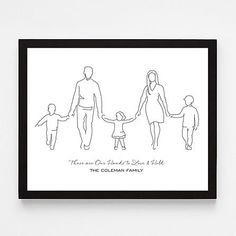 a black and white drawing of a family holding hands with the words, there are four children