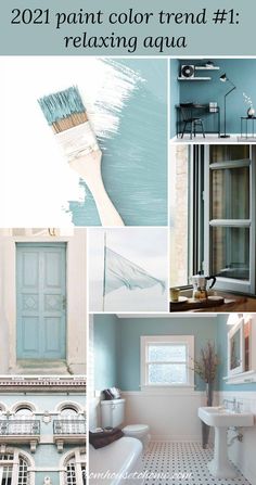 blue and white bathroom with the words paint color trend 1 relaxing aqua in it's center