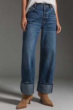 Denim, decoded: This fall, we’re digging denim in every corner of our closet. The Pistola Ryder Jeans feature a rigid, lightweight fit, an oversized ankle cuff, and barely-there distressing. | Ryder High-Rise Wide-Leg Cuffed Jeans by Pistola in Blue, Women's, Size: 29, Cotton at Anthropologie Big Cuff Jeans, Ankle Jeans Outfit, 2024 Clothes, Popular Jeans, Cuff Jeans, Jeans Outfit Fall, Fashion Diva, Cuffed Jeans, Leg Cuffs