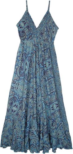 An effortless, exquisite blue paisley print that dances gracefully across the fabric.  This print is a harmonious blend of different shades of blue, creating a visual masterpiece that's both captivating and soothing. #tlb #Sleeveless #vacationclothing #beachwrap #Floral #Printed #SilkDress #SareeSilkDress Blue Hippie Dress, Vintage Beach Dress, Blue Paisley Dress, Coastal Cowgirl Dress Outfit, Elegant Blue Paisley Print Dress, Spring Blue Paisley Print Dress, Summer Blue Paisley Print Dress, Blue Cotton Dress With Paisley Print, Blue Boho Dress