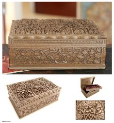 an intricately carved wooden box is shown