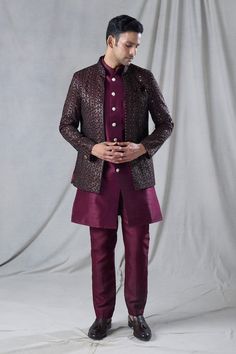 Maroon long jacket with abstract, geometric, sequin embroidery. Paired with an inner kurta. Comes along with a pant. - Aza Fashions Fitted Festive Outerwear For Diwali, Fitted Designer Outerwear With Zari Work, Festive Traditional Wear With Zari Work For Fall, Designer Long Sleeve Outerwear For Diwali, Festive Long Sleeve Blazer With Zari Work, Fitted Festive Outerwear For Eid, Designer Fitted Outerwear With Zari Work, Diwali Long Sleeve Outerwear With Zari Work, Traditional Drape Outerwear For Eid