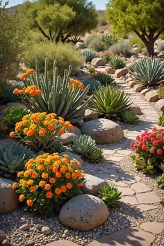 many different types of plants and rocks in the dirt area with orange flowers on them