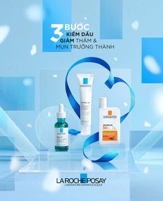 an advertisement for some skin care products on a blue and white background with text that reads,