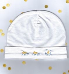 Baby Beanie, Embroidered Baby Hat, Baby Duck beanie, Coming home hat, Newborn Cap, Hospital Hat, White Baby Hat, Unisex Cap, Baby Clothing Hand embroidered baby Beanie. The Beanies are all beautifully hand embroidered in the bullion stitch and French knots.  One size Available 0 - 3 Months Stretchy Cotton. These gorgeous Beanies are super cute and would make a wonderful gift or just for your special little one. The perfect addition to you little ones wardrobe. Fantastic to keep those little head Playful White Cotton Hat, Cute Cotton Cap Beanie, Cute Cotton Beanie Cap, White Adjustable Beanie For Babies, Playful Cotton Hat For Gift, Playful Cotton Hat, Playful Cotton Hats As Gifts, White Cotton Bonnet As A Gift, White Cotton Bonnet As Gift