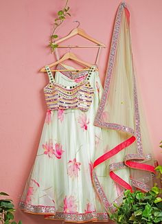 Lotus Printed Lehenga and Multi Colour Blouse Set Anisha Shetty - Fabilicious Fashion Multi Colour Blouse, Mirror Blouse, Bridal Crop Top, Raw Silk Lehenga, Printed Organza, Floral Lehenga, Organza Lehenga, Lotus Print, Multi Color Blouse