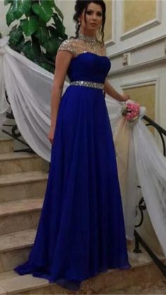 Crystal Prom Dress, Cap Sleeve Prom Dress, Dresses High Neck, Evening Dress Beaded, High Neck Prom Dress, Beaded Evening Gowns, Royal Blue Prom Dresses, Blue Party Dress, Evening Dresses With Sleeves