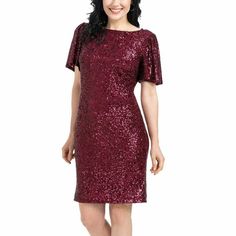 Features: Nwt Colors: Red (Wine) Sequins Knit Dress Loose Comfortable Fit Fully Lined V-Neckline Back Neck Keyhole With Button Closure Dolman Short Sleeve Made In China Content: 95% Polyester | 5% Spandex Lining: 100% Polyester Sizing: Sizes: S Size Conversion: S = 4-6 Front Body Length From Hsp (In): S = 35 Back Body Length From Hsp (In): S = 34 ¾ Model Is 5’8” And Wearing Size Large Care Instructions: Dry Clean Only Fitted Burgundy Dress For Christmas, Burgundy Formal Dress For Christmas, Christmas Formal Burgundy Dress, Holiday Dresses With Short Sleeves, Knee-length Evening Dress For Christmas, Elegant Short Sleeve Christmas Dresses, Burgundy Sequin Party Dress, Formal Knee-length Christmas Dress, Glamorous Red Short Sleeve Dresses