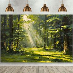 a painting on the wall of a forest with sunlight coming through trees and green grass