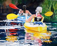 two people are kayaking in the water with their paddles up to their backs