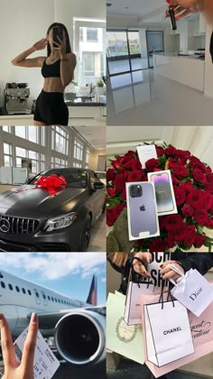 a collage of photos with red roses in the foreground and an airplane on the background