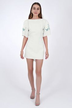 This Mini Shortsleeve 100% Linen Dress is the epitome of style, featuring a deep V open back with a belt that ties into a showstopping bow. Made to Measure. Fanm Mon garments are consciously crafted for your most delightful moments. Each piece is made-to-order by our team of experienced artisans. Knee-length Embroidered Dress For Formal Summer Occasions, Formal Embroidered Knee-length Dress For Summer, Fitted Mini Dress With Boat Neck For Spring, Formal Embroidered Dress With Floral Embroidery And Short Sleeves, Chic Spring Mini Dress With Boat Neck, Chic Boat Neck Mini Dress For Spring, Chic Mini Dress With Floral Embroidery And Short Sleeves, Chic Short Sleeve Mini Dress With Floral Embroidery, Chic Fitted Embroidered Dress With Short Sleeves